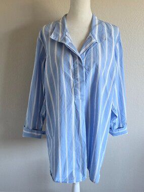 J. Jill Blouse Tunic 100% Cotton Size XL Blue White Stripe Popover Long Sleeves